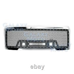 08-10 Ford Super Duty Rivet Black SS Mesh Grille+Chrome Shell+LED+LED Light Bar