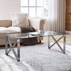 120cm Glass Coffee Table Chrome Stainless Steel Modern Tempered Glass LivingRoom