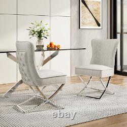 2X Luxury Button Back Accent Dining Chairs Set With Stainless Steel Chromed Legs