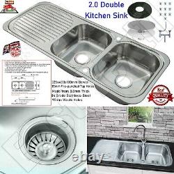 2.0 Equal Twin Bowl Stainless Steel Reversible Kitchen Sink & Waste Plumbing Kit