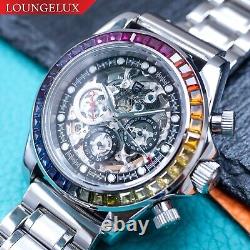 40mm Automatic Mechanical Watch Silver Chrome Rainbow Cubics Metal Strap