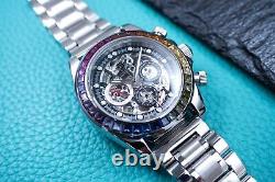 40mm Automatic Mechanical Watch Silver Chrome Rainbow Cubics Metal Strap