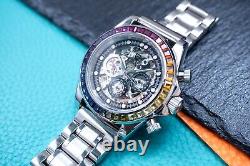 40mm Automatic Mechanical Watch Silver Chrome Rainbow Cubics Metal Strap