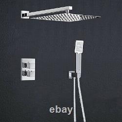 Bathroom Thermosmatic Shower Mixer Chrome Square Twin Head Concealed Valve Set