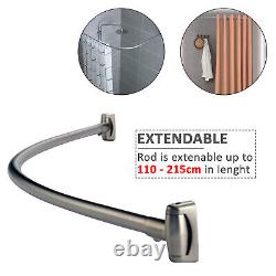 CHROME CURVED S/S SHAPED BATH TUB EXTENDABLE SHOWER CURTAIN RAIL ROD, 110-215cm