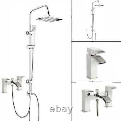 Chrome Bath Shower Mixer Tap with Basin Tap & 3 Way Square Rigid Riser Kit W