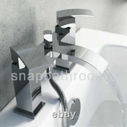 Chrome Bath Shower Mixer Tap with Basin Tap & 3 Way Square Rigid Riser Kit W