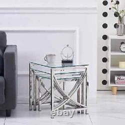 Chrome Coffee Table Set Stainless Steel Legs and Clear Glass Top Set of 3 Items