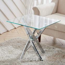 Chrome Round Glass Coffee Table with Stainless Steel Cross Legs Side Tea Tables