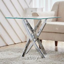 Chrome Round Glass Coffee Table with Stainless Steel Cross Legs Side Tea Tables