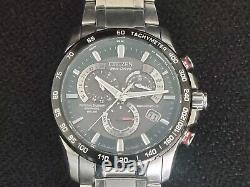 Citizen E650 Eco-drive Chrono Alarm Watch Panda Brushed Chrome Stainless S/strap