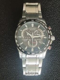 Citizen E650 Eco-drive Chrono Alarm Watch Panda Brushed Chrome Stainless S/strap