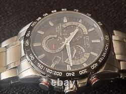Citizen E650 Eco-drive Chrono Alarm Watch Panda Brushed Chrome Stainless S/strap