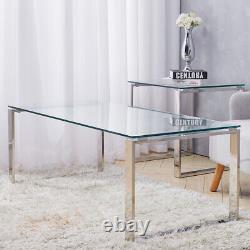 Clear Coffee Table Chrome Stainless Steel Modern Tempered Glass Living Room