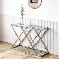 Glass Console Table Chrome Stainless Steel Modern Tempered Glass Living Room