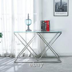 Glass Console Table Chrome Stainless Steel Modern Tempered Glass Living Room