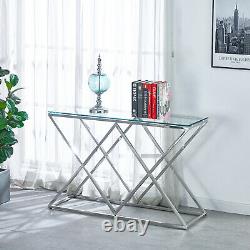 Glass Console Table Chrome Stainless Steel Modern Tempered Glass Living Room