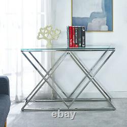 Glass Console Table Chrome Stainless Steel Modern Tempered Glass Living Room