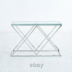 Glass Console Table Chrome Stainless Steel Modern Tempered Glass Living Room