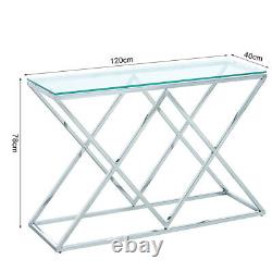 Glass Console Table Chrome Stainless Steel Modern Tempered Glass Living Room