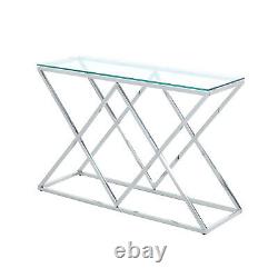 Glass Console Table Chrome Stainless Steel Modern Tempered Glass Living Room