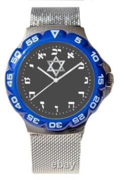 Hebrew Numbers Sport Watch-Brushed Chrome-Black Dial-Stainless Steel Mesh Band