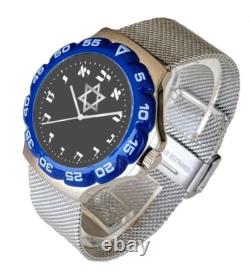 Hebrew Numbers Sport Watch-Brushed Chrome-Black Dial-Stainless Steel Mesh Band