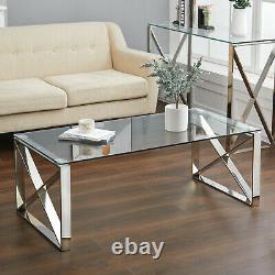 High Glossy Clear Glass Coffee Table & Stainless Steel Chrome Living Room 120cm