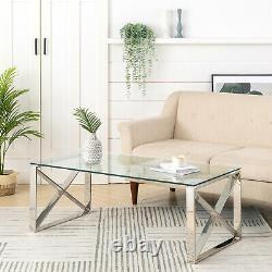 High Glossy Clear Glass Coffee Table & Stainless Steel Chrome Living Room 120cm