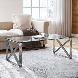 High Glossy Clear Glass Coffee Table & Stainless Steel Chrome Living Room 120cm