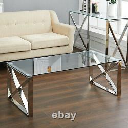 High Glossy Clear Glass Coffee Table & Stainless Steel Chrome Living Room 120cm