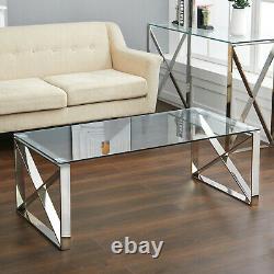 High Glossy Clear Glass Coffee Table & Stainless Steel Chrome Living Room 120cm