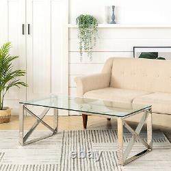 High Glossy Clear Glass Coffee Table & Stainless Steel Chrome Living Room 120cm