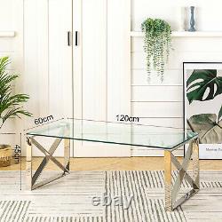 High Glossy Clear Glass Coffee Table & Stainless Steel Chrome Living Room 120cm