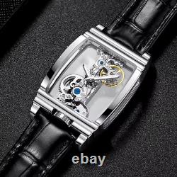 Men's Transparent Stainless Steel Case Skeleton Watch Black Leather strap Flying