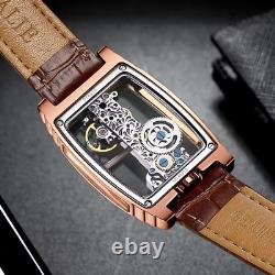 Men's Transparent Stainless Steel Case Skeleton Watch Black Leather strap Flying