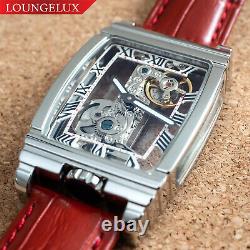 Mens Bridge Manual Mechanical Watch Silver Case Red Leather Deployant Buckle