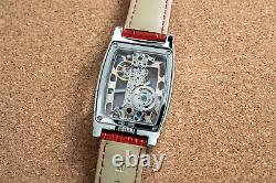 Mens Bridge Manual Mechanical Watch Silver Case Red Leather Deployant Buckle
