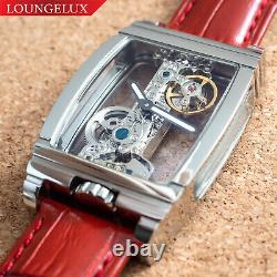 Mens Manual Mechanical Watch Chrome Silver Bridge Red Leather Deployant Buckle