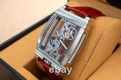 Mens Manual Mechanical Watch Chrome Silver Bridge Red Leather Deployant Buckle