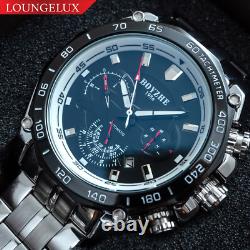Mens Silver Chrome Black Automatic Mechanical Watch Luminous Stainless Steel