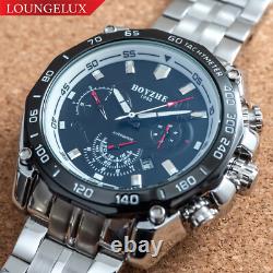 Mens Silver Chrome Black Automatic Mechanical Watch Luminous Stainless Steel
