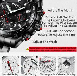 Mens Silver Chrome Black Automatic Mechanical Watch Luminous Stainless Steel