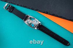 Mens Silver Manual Mechanical Watch Black Oil Waxed Vintage Leather Strap