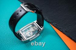 Mens Silver Manual Mechanical Watch Black Oil Waxed Vintage Leather Strap