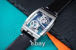 Mens Silver Manual Mechanical Watch Black Oil Waxed Vintage Leather Strap