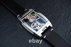 Mens Silver Manual Mechanical Watch Black Oil Waxed Vintage Leather Strap