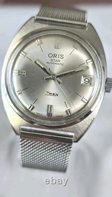 Mens Vintage Stainless Steel ORIS STAR TWEN Date 25 Jewels Automatic Wristwatch