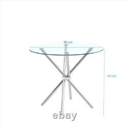 Round Glass Kitchen Dining Table 90cm top with Stainless Silver Chrome Legs