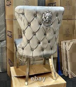 Set Of 2 Light Grey Velvet Button Pleated Lion Knocker Dining Chairs